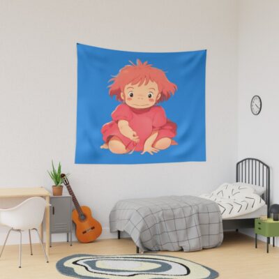 Ponyo Cute Blue Background Tapestry