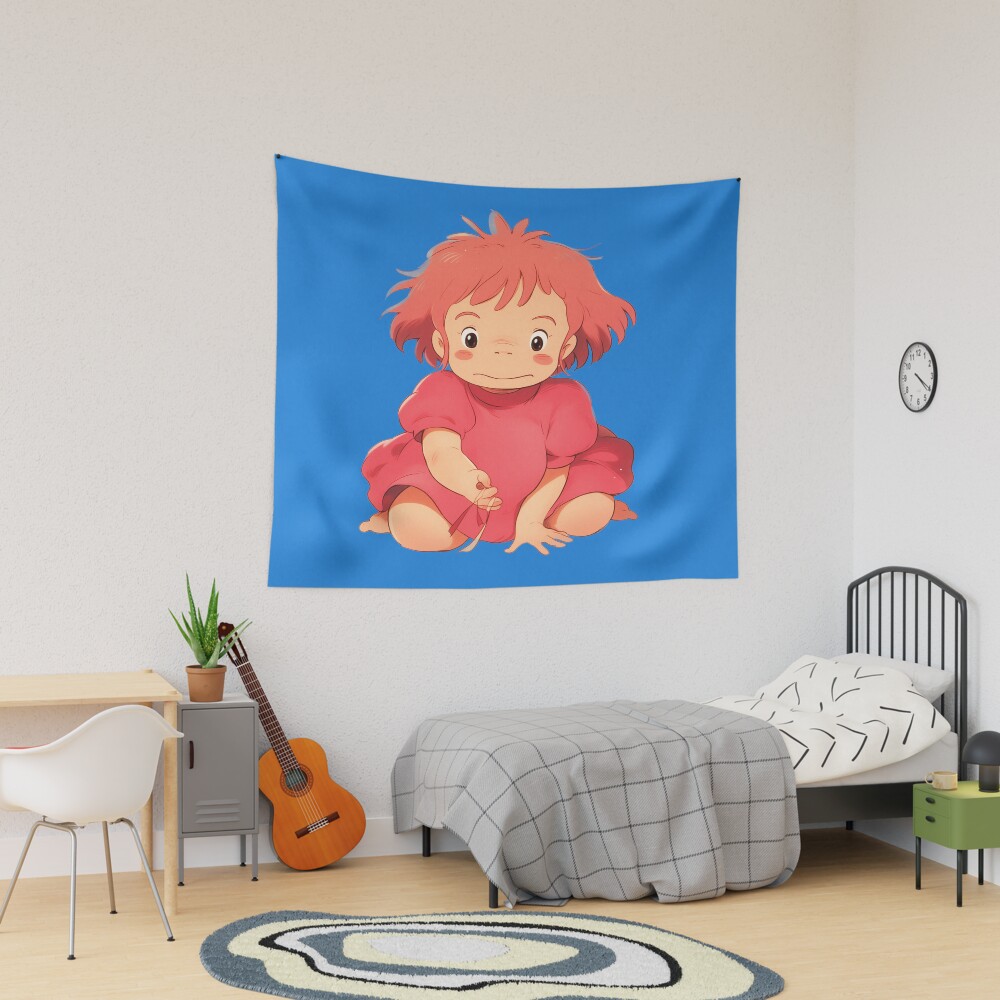 Ponyo Cute Blue Background Tapestry