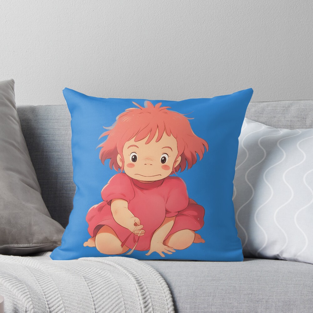 Ponyo Cute Blue Background Throw Pillow